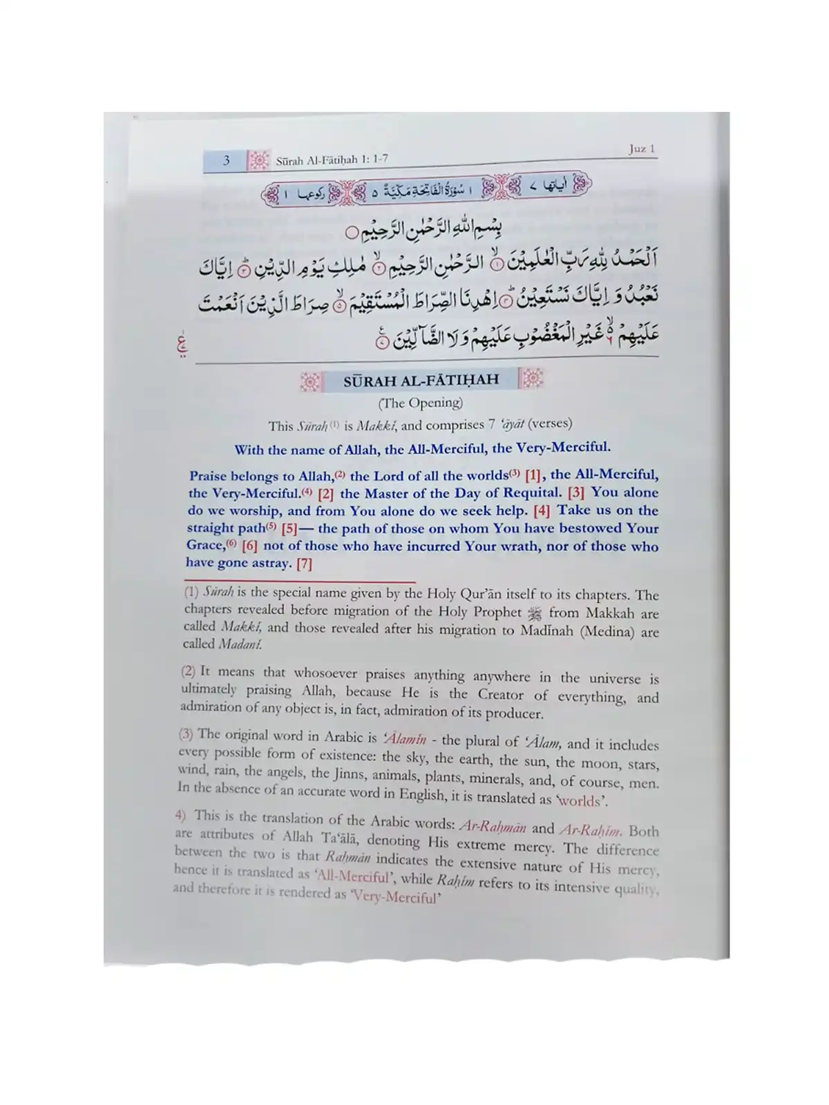 The meanings of The Noble Quran with Explanatory notes Surah Fateha